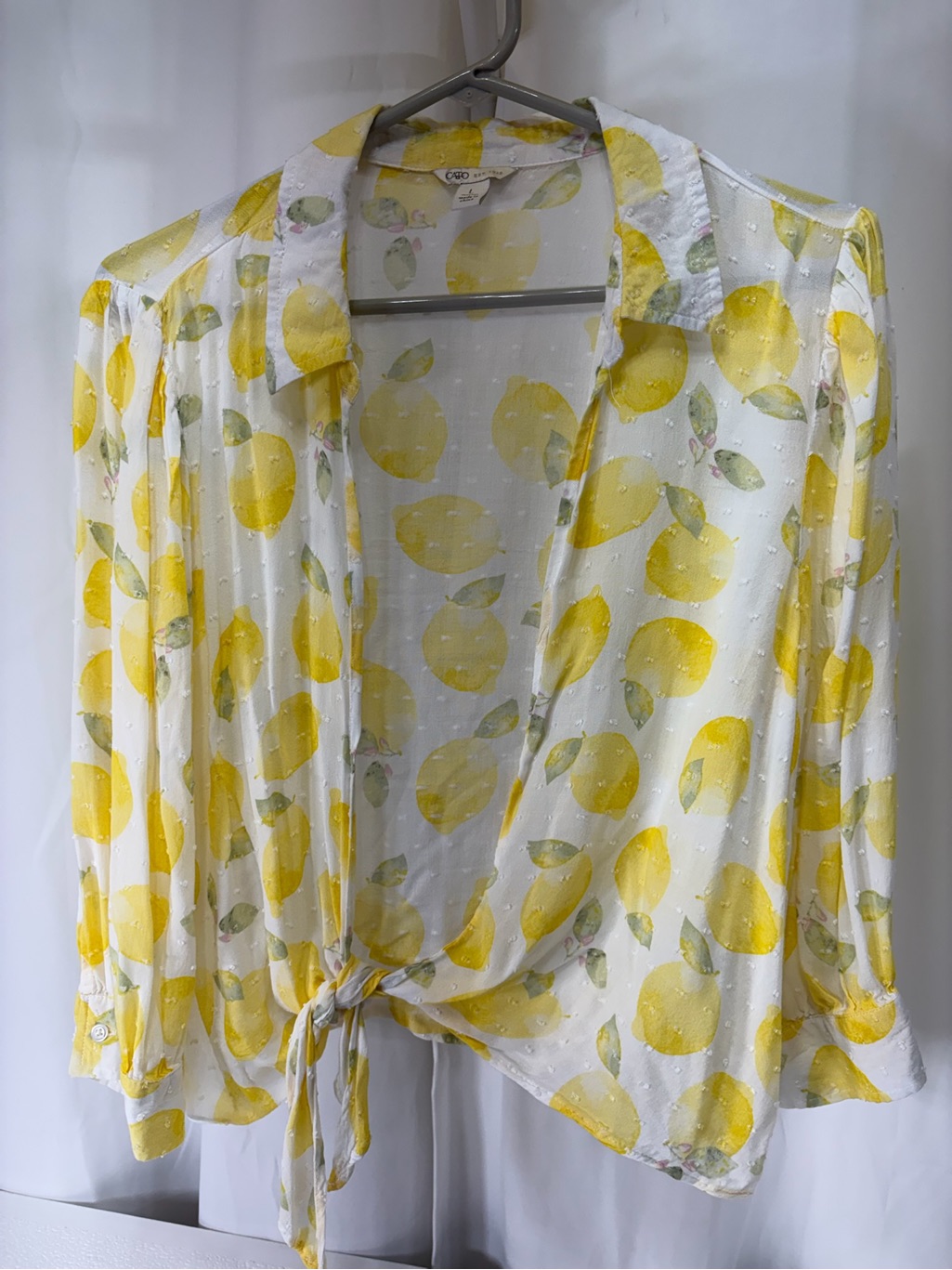 Cato White Sheer Lemon-Print Tie-Front Blouse 3248